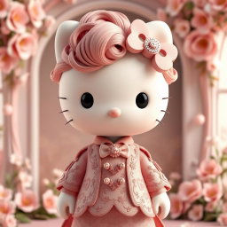 A 3D rendering of Hello Kitty featuring dusty rose curls and dressed in an exquisite, elegant outfit adorned with intricate patterns and embellishments