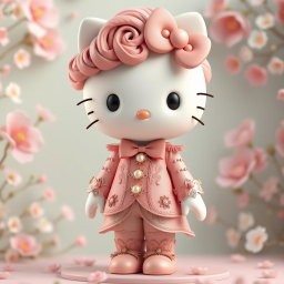 A 3D rendering of Hello Kitty featuring dusty rose curls and dressed in an exquisite, elegant outfit adorned with intricate patterns and embellishments