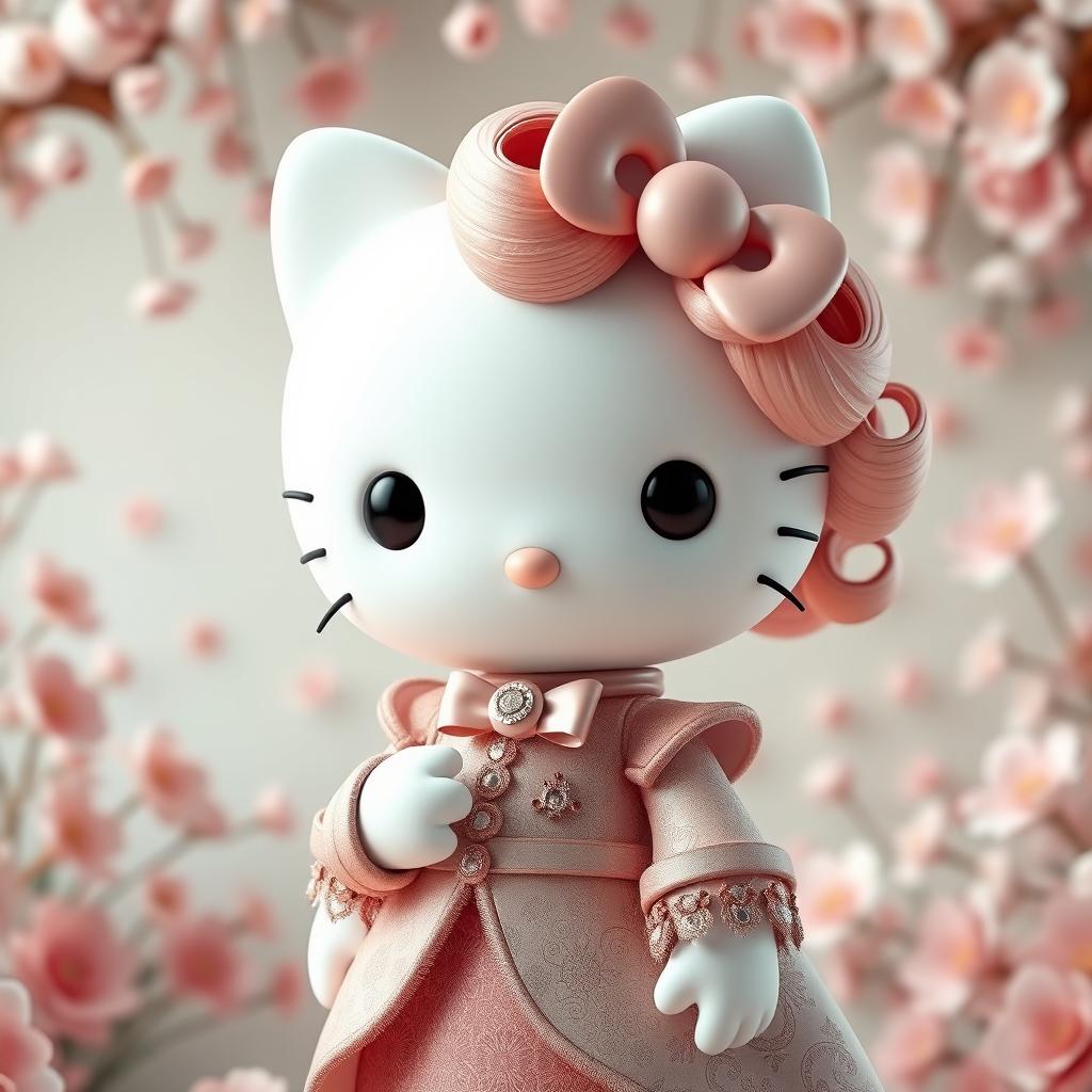 A 3D rendering of Hello Kitty featuring dusty rose curls and dressed in an exquisite, elegant outfit adorned with intricate patterns and embellishments