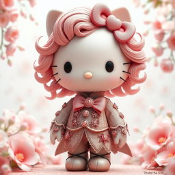 A 3D rendering of Hello Kitty featuring dusty rose curls and dressed in an exquisite, elegant outfit adorned with intricate patterns and embellishments