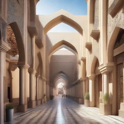 An architectural design of a traditional souq with a central axis, featuring ornate archways, intricate mosaics, and bustling stalls.