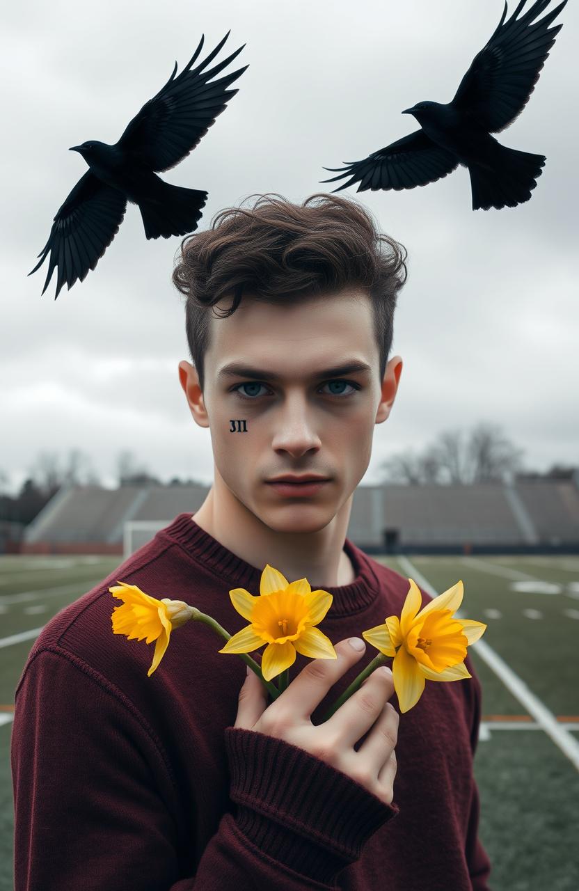 A young man with mysterious gray eyes and dark curly hair framing his face stands against a mesmerizing gray sky and an empty football field