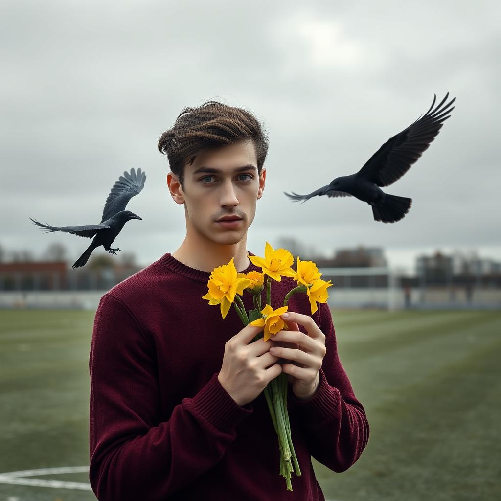 A slender 20-year-old French man with mysterious gray eyes and dark curls framing his face stands against a captivating gray sky and an empty soccer field