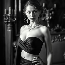 A captivating black and white portrait of a young Baltic duchess, aged 20, embodying a regal and sexy presence