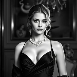 A captivating black and white portrait of a young Baltic duchess, aged 20, embodying a regal and sexy presence