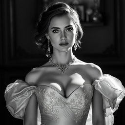 A stunning black and white portrait of a 20-year-old Baltic duchess, radiating royal elegance and sexy allure