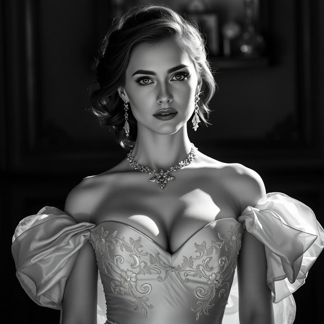 A stunning black and white portrait of a 20-year-old Baltic duchess, radiating royal elegance and sexy allure
