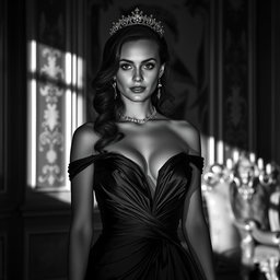 A stunning black and white portrait of a 20-year-old Baltic duchess, radiating royal elegance and sexy allure