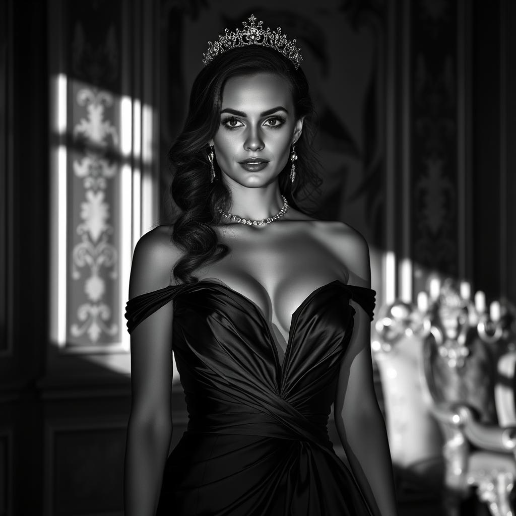 A stunning black and white portrait of a 20-year-old Baltic duchess, radiating royal elegance and sexy allure