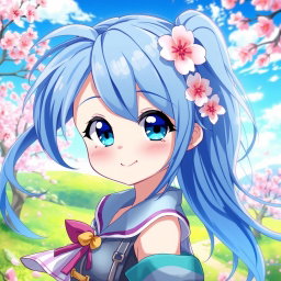 A captivating digital artwork featuring a blue-haired anime girl with vibrant and flowing hair