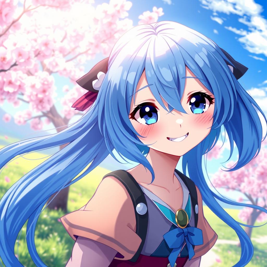 A captivating digital artwork featuring a blue-haired anime girl with vibrant and flowing hair