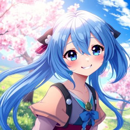 A captivating digital artwork featuring a blue-haired anime girl with vibrant and flowing hair