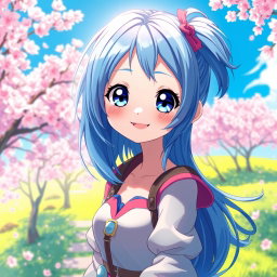 A captivating digital artwork featuring a blue-haired anime girl with vibrant and flowing hair