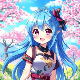 A captivating digital artwork featuring a blue-haired anime girl with vibrant and flowing hair