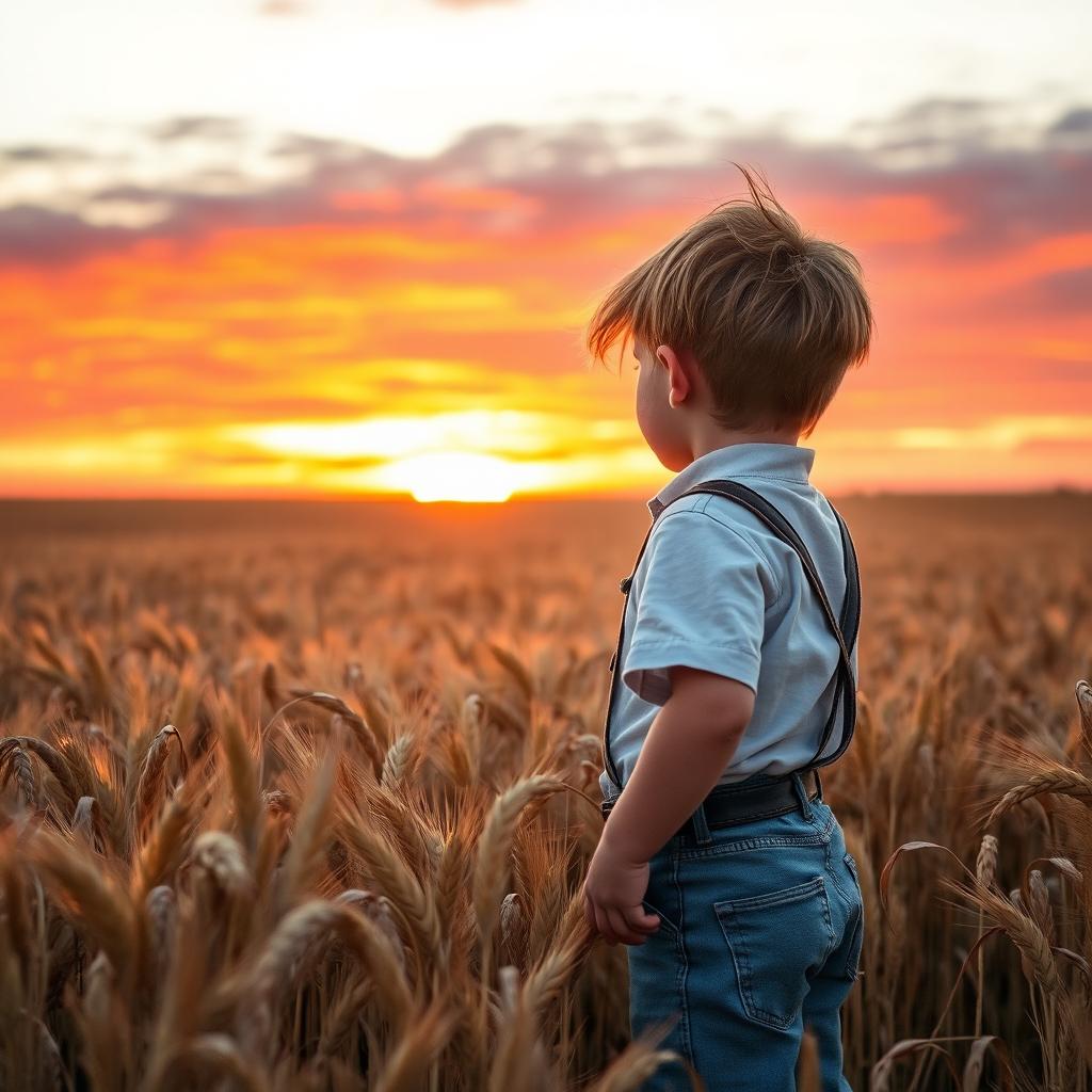 A serene scene of a young boy gazing towards a stunning sunset in a vast wheat field