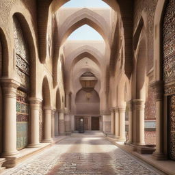 An architectural design of a traditional souq with a central axis, featuring ornate archways, intricate mosaics, and bustling stalls.