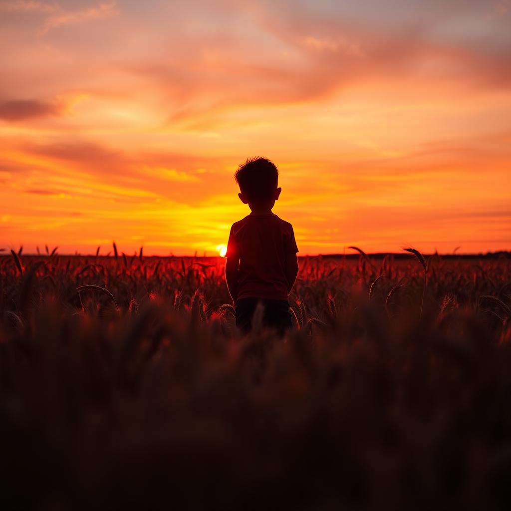 A silhouette of a boy standing in a golden wheat field, gazing towards a vibrant sunset