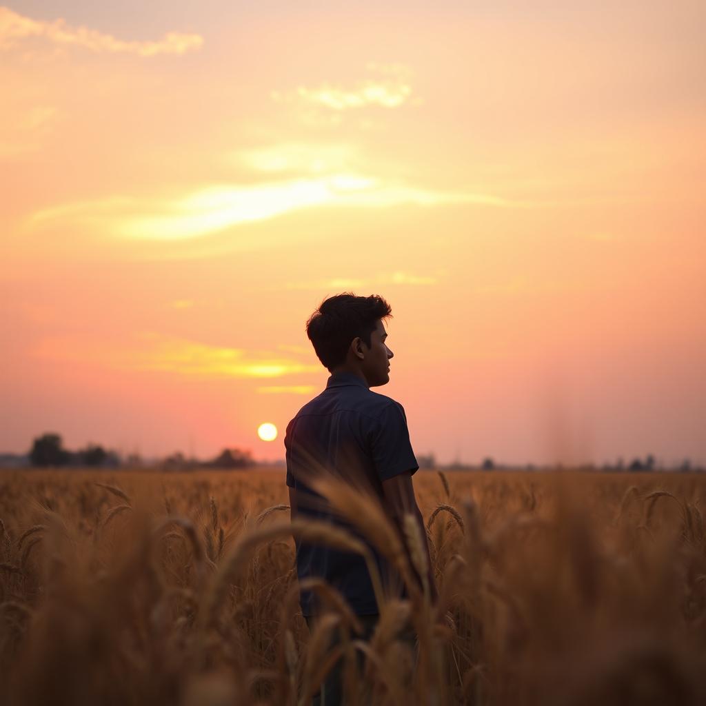 A 20-year-old Indian boy standing in a golden wheat field, gazing toward a vibrant sunset