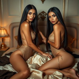 Nineteen-year-old tan Arabic Latina model twin sisters, both petite with straight long dark brunette hair, very skinny with small busts and small buttocks