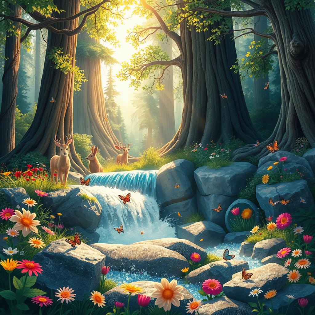 A whimsical forest scene featuring a vibrant array of color