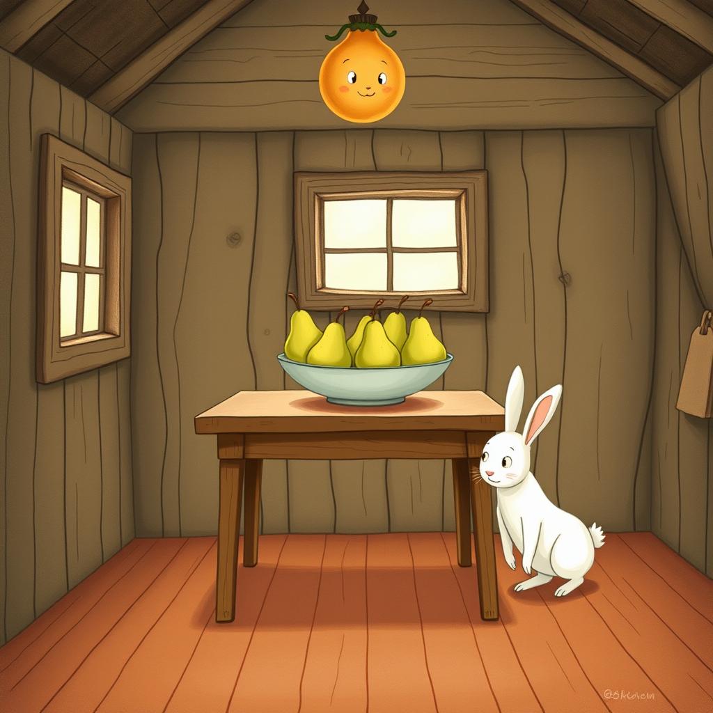 Inside a cozy farm cabin, a wooden table is adorned with a fruit bowl containing only pears elegantly arranged