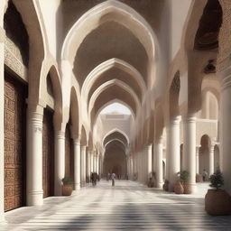 An architectural design of a traditional souq with a central axis, featuring ornate archways, intricate mosaics, and bustling stalls.