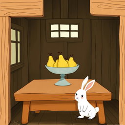 Inside a cozy farm cabin, a wooden table is adorned with a fruit bowl containing only pears elegantly arranged