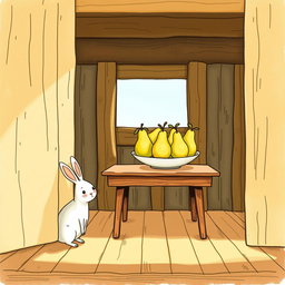 Inside a cozy farm cabin, a wooden table is adorned with a fruit bowl containing only pears elegantly arranged