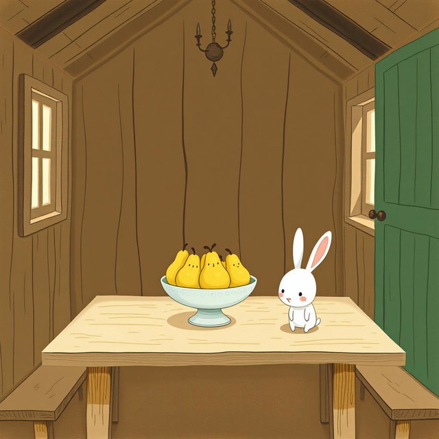 Inside a cozy farm cabin, a wooden table is adorned with a fruit bowl containing only pears elegantly arranged