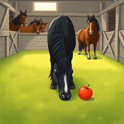 In a picturesque horse stable on a farm, several horses are grazing peacefully on the lush green grass