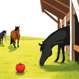 In a picturesque horse stable on a farm, several horses are grazing peacefully on the lush green grass