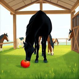 In a picturesque horse stable on a farm, several horses are grazing peacefully on the lush green grass