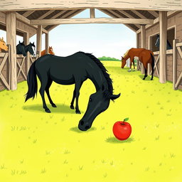 In a picturesque horse stable on a farm, several horses are grazing peacefully on the lush green grass