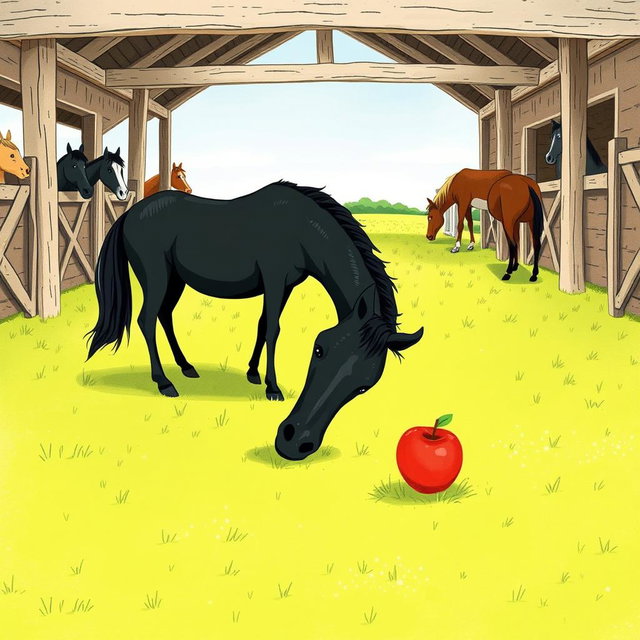 In a picturesque horse stable on a farm, several horses are grazing peacefully on the lush green grass