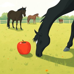 In a serene horse paddock on a farm, several horses are peacefully grazing on the lush grass