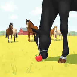 In a serene horse paddock on a farm, several horses are peacefully grazing on the lush grass