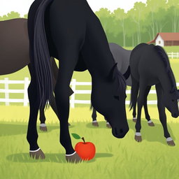 In a serene horse paddock on a farm, several horses are peacefully grazing on the lush grass