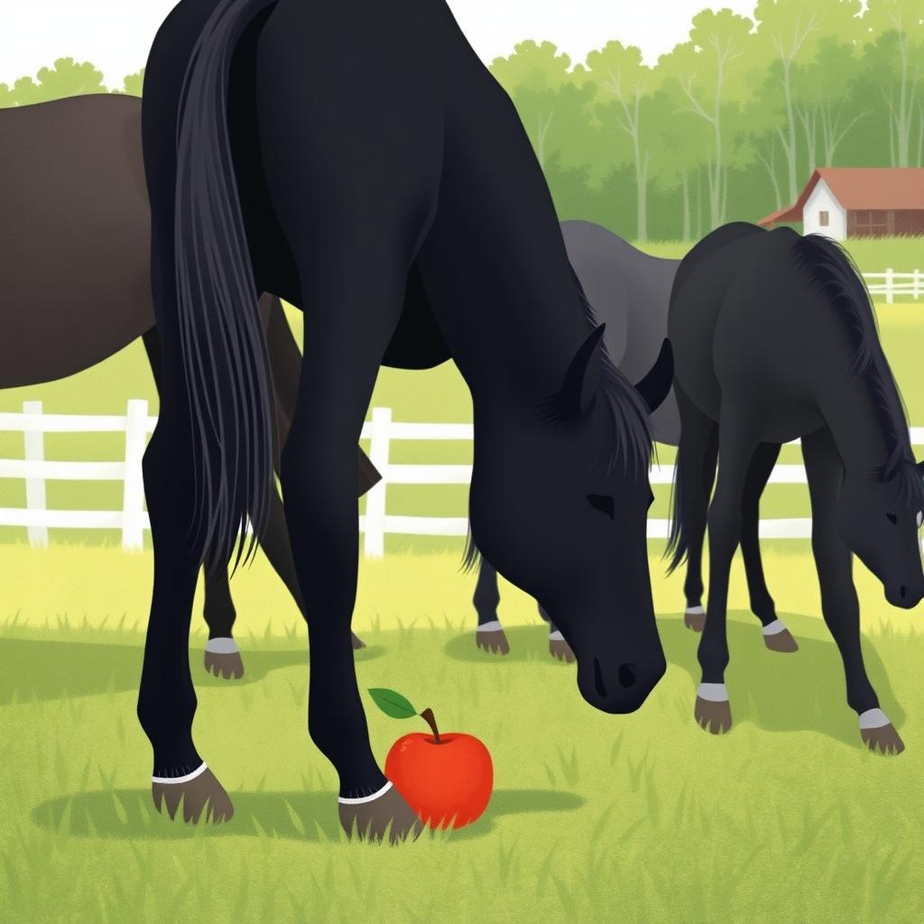 In a serene horse paddock on a farm, several horses are peacefully grazing on the lush grass