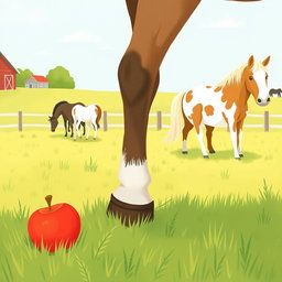 In a charming horse paddock on a farm, several horses are happily grazing on the lush grass