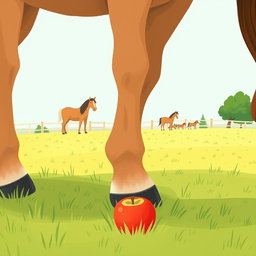 In a charming horse paddock on a farm, several horses are happily grazing on the lush grass