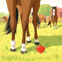 In a charming horse paddock on a farm, several horses are happily grazing on the lush grass