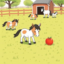 In a cheerful horse paddock on a farm, several small ponies are happily grazing on the lush green grass