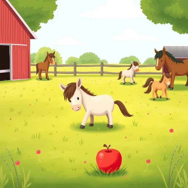 In a cheerful horse paddock on a farm, several small ponies are happily grazing on the lush green grass