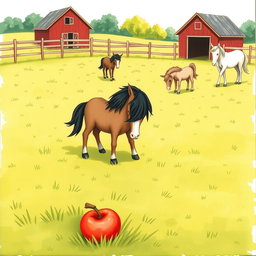 In a cheerful horse paddock on a farm, several small ponies are happily grazing on the lush green grass