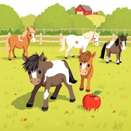 In a cheerful horse paddock on a farm, several small ponies are happily grazing on the lush green grass