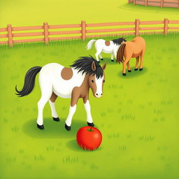 In a delightful horse paddock on a farm, several small ponies are happily grazing on the vibrant green grass