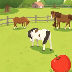 In a delightful horse paddock on a farm, several small ponies are happily grazing on the vibrant green grass