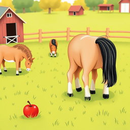 In a delightful horse paddock on a farm, several small ponies are happily grazing on the vibrant green grass