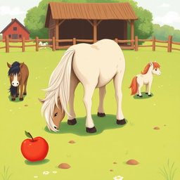 In a delightful horse paddock on a farm, several small ponies are happily grazing on the vibrant green grass