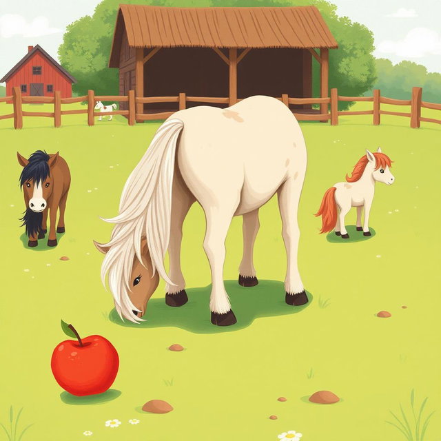 In a delightful horse paddock on a farm, several small ponies are happily grazing on the vibrant green grass